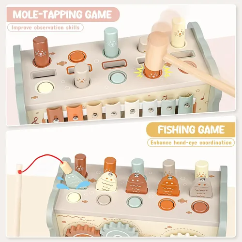 Vista 8 de Joyreal Juguetes Montessori de madera para niños de 1 año – Juguete martillador con xilófono y juego de pesca – Actividades educativas para niños