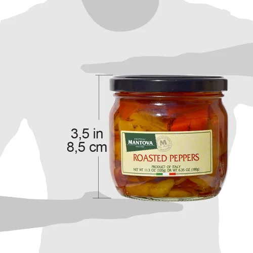 Vista 3 de Mantova Pimientos asados, 11.3 onzas (paquete de 2), producto de Italia, totalmente naturales, ligeramente tostados, aptos para veganos, sin OMG