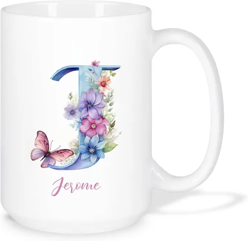 Vista 19 de Taza de café personalizada de la letra A del alfabeto, Taza de café blanca con nombre personalizado único, Taza inicial de monograma floral
