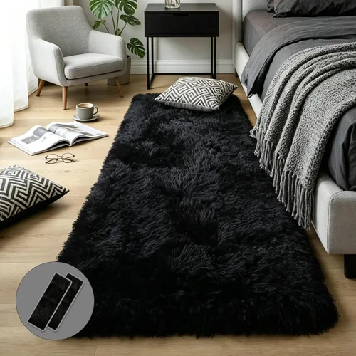 Vista 86 de KICHOWUA - Tapete grueso y esponjoso de 3 x 5 pies, color negro, ultrasuave, lavable, antideslizante, acogedor y peludo, para sala, dormitorio