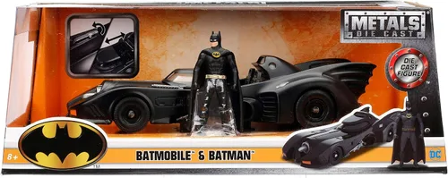 Vista 2 de Juguete para varón del Batimóvil de 1989 a escala 1:24 con muñeco de Batman, marca Jada Toys, línea Metals