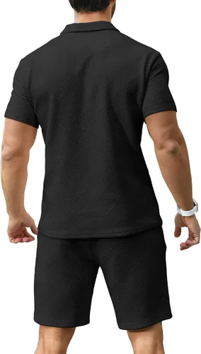 Vista 4 de KUYIGO Conjunto de camisa polo y pantalones cortos para hombre, trajes de verano a la moda, casual, de manga corta, traje de 2 piezas para hombre