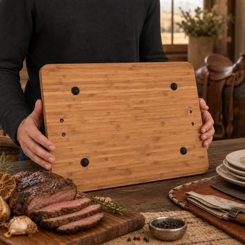 Vista 5 de Arthur Court - Tabla de tallar de madera de bambú con mango de aluminio, perfecta para servir carnes o aperitivos, 20 x 13 pulgadas