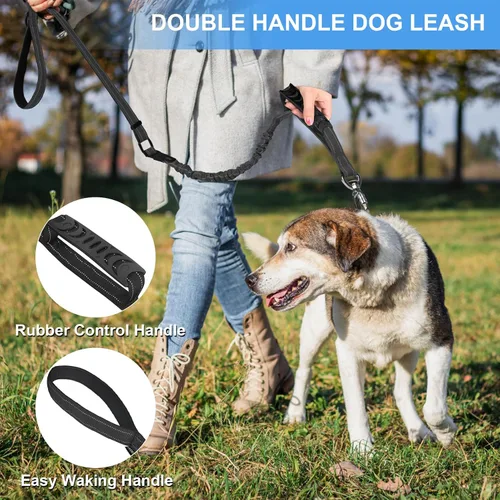 Vista 2 de Correa de perro resistente para perros medianos y grandes, correa táctica de absorción de golpes de 4 a 6 pies con mango acolchado de control y Negro