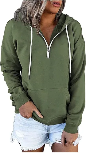 Vista 5 de Sudadera con capucha y media cremallera para mujer, con cordón, atlética, moderna, con bolsillo frontal, manga larga, para otoño