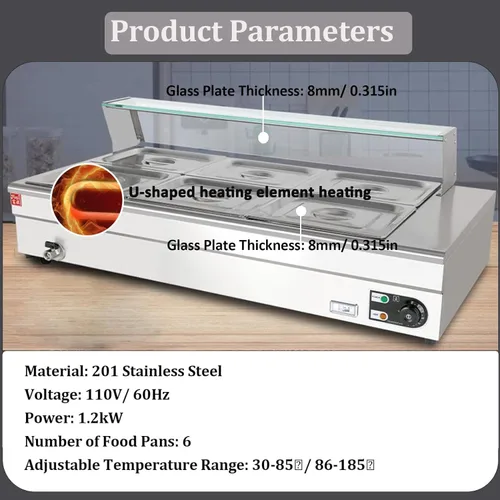 Vista 4 de LOYALHEARTDY Calentador de alimentos comercial, 110 V, 1200 W, calentador de alimentos Bain Marie, 6 sartenes x 1/3 GN grado alimenticio 201 acero