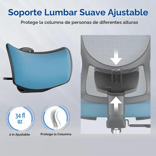 Vista 4 de Soohow Silla de oficina ergonómica, silla de escritorio de malla con reposabrazos, silla de oficina de respaldo alto con soporte lumbar ajustable