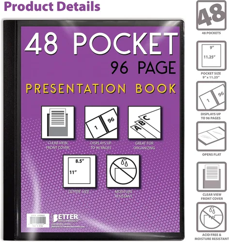 Vista 3 de Better Office Products Libro de presentación encuadernado con 48 bolsillos, con cubierta frontal transparente, 96 páginas protectoras de hojas