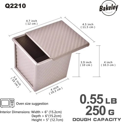 Vista 2 de Mini molde para pan Pullman con tapa, antiadherente rectangular de 0.25 kg, caja plana para tostar en horno (Oro champán)