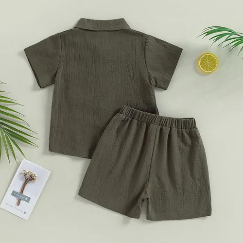 Vista 7 de Conjunto de ropa de verano para bebé y niño, con botones, de manga corta, con bolsillo, color liso, para el verano