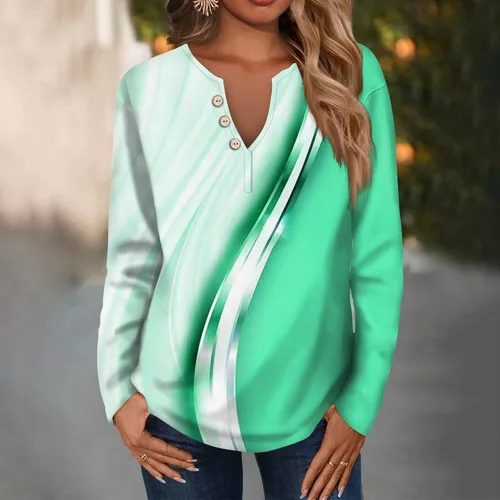 Vista 4 de Camisetas de manga larga con estampado de botones para mujer, con cuello de muesca, estilo vintage, blusas atléticas de moda