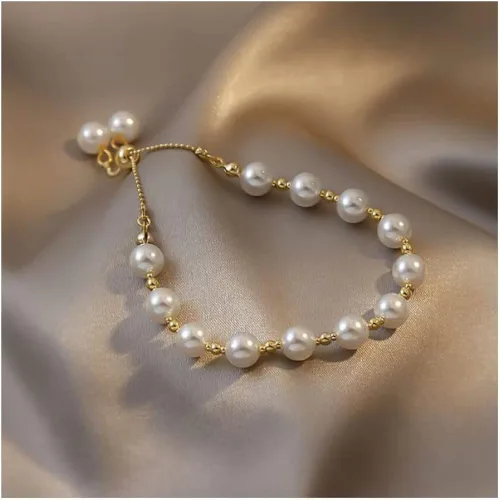 Vista 2 de Pulsera de perlas para mujer, pulsera deslizante ajustable dorada, pulsera de cadena delicada, regalo de dama de honor para niñas blancas, Sin gemas.