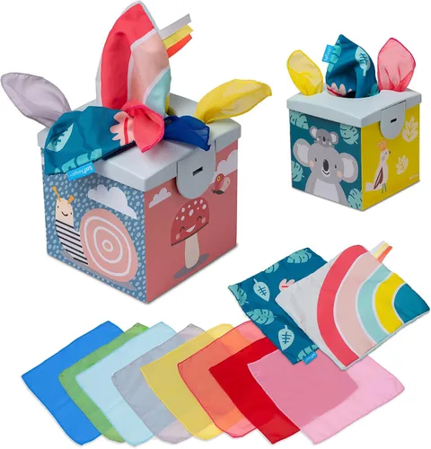 Vista 13 de Taf Toys Caja de pañuelos para bebé con conejito emergente - Actividad sensorial Montessori con 10 pañuelos de tela para el desarrollo motor fino