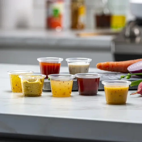Vista 4 de {1 onza, 200 tazas} Vasos de plástico transparente para porciones sin tapas, pequeños recipientes para control de porciones, chupitos de gelatina