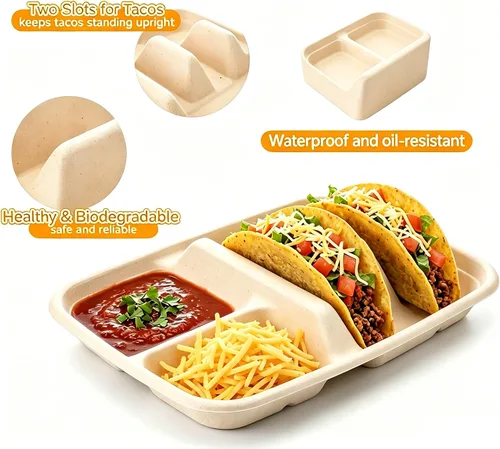 Vista 2 de Platos desechables para tacos para 2 tacos y 2 lados, paquete de 25 Platos de papel premium con divisores, soporte para tacos de fiesta, soporte
