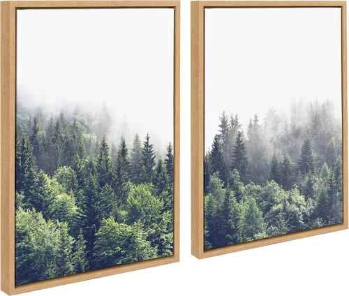 Vista 8 de Kate and Laurel Sylvie Lush Green Forest on a Foggy Day - Juego de arte de pared en lienzo enmarcado a la izquierda y a la derecha por The Creative