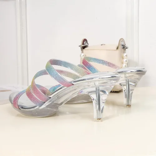 Vista 7 de NBUUNBU Tacones transparentes para mujer, tacones negros plateados, con plataforma pequeña, sandalias de tacón alto sexy, sandalias de tacón