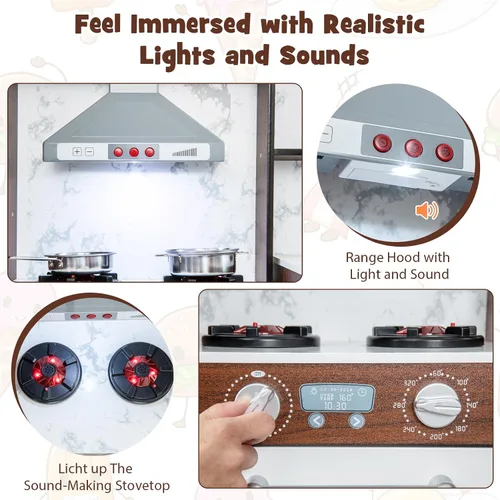 Vista 4 de INFANS Juego de cocina para niños con agua corriente real, juego de cocina de esquina de madera con luz de simulación de sonido y estufa