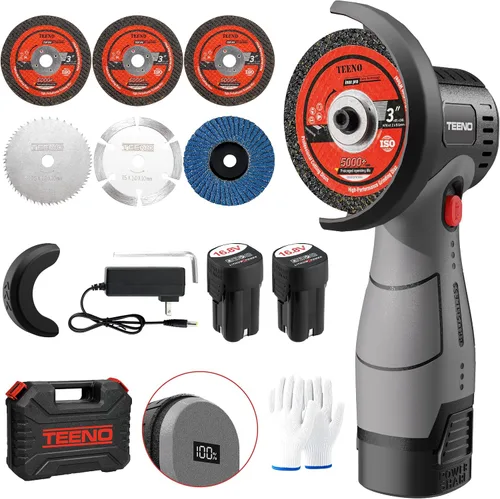 Vista 12 de TEENO Kit de amoladora angular inalámbrica, mini herramienta de molienda angular eléctrica de 19,500 RPM con 2 baterías de 2000 mAh y 6 discos