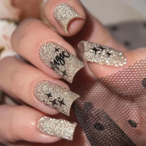 Vista 27 de MISUD Uñas a presión – Uñas cuadradas largas con pegamento rosa y negro, acrílico Y2K diseño de dijes de 24 piezas