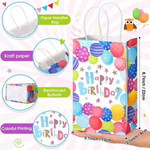Vista 3 de Fulmoon 36 bolsas de regalo de feliz cumpleaños, a granel, bolsas de regalo de feliz cumpleaños con asa, suministros de papel colorido para fiestas