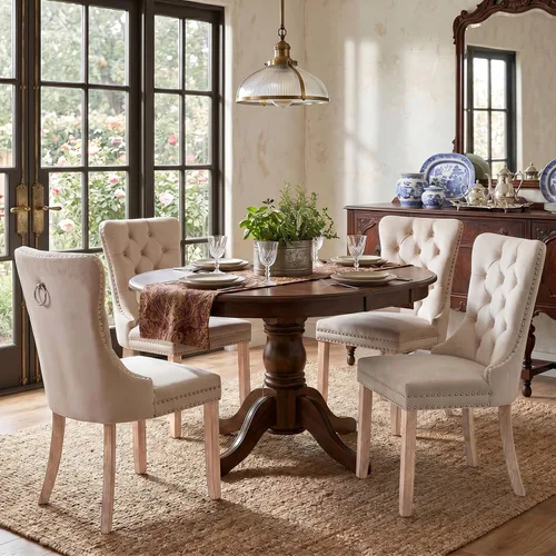Vista 4 de SoarFlash Juego de 2 sillas de comedor de terciopelo, silla lateral de respaldo alto, silla lateral moderna tapizada de alta gama con botones Beige