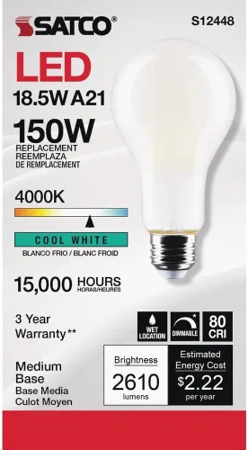 Vista 2 de Satco Bombilla LED A21 de base media equivalente a 150 W de 4000 K, 1 unidad