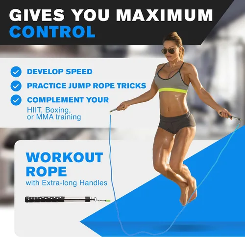 Vista 4 de Cuerda de boxeo Freestyle de DYNAPRO con asas largas para un mejor control, ajustable a cualquier altura, estilo libre, doble bajo, crossovers, HIIT