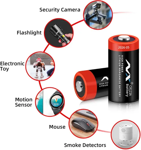 Vista 4 de CR123A - Batería de litio de 3 V, 3 voltios, 1600 mAh, batería de litio de alta potencia, larga duración para cámara, sistema de alarma, linterna