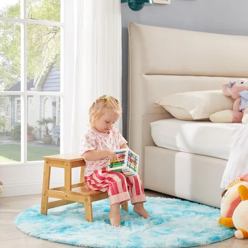 Vista 5 de Taburetes de bambú para niños, taburete de madera para cocina/baño/mesita de noche, taburete de doble escalón, soporta hasta 350 libras