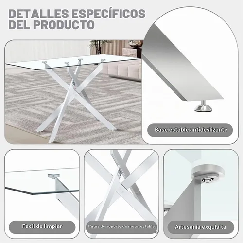 Vista 8 de Juego de mesa de comedor de cristal de 51" para 4, gris Tapa de vidrio templado, patas de metal plateado, sillas de terciopelo, juego de comedor