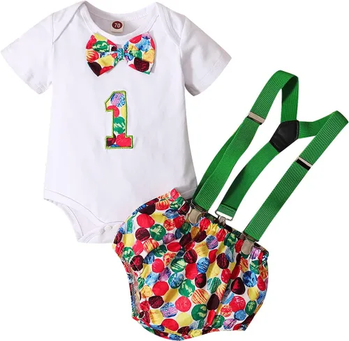 Vista 19 de IDOPIP Traje formal para bebé niño para el primer cumpleaños de Cake Smash con corbatín y tirantes y pantalones cortos para sesión de fotos