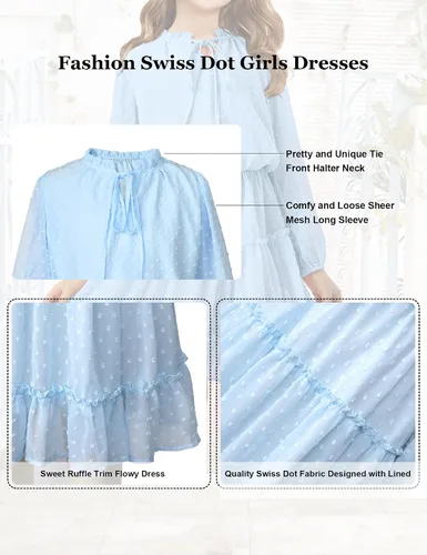 Vista 6 de DONWEN Vestido de punto suizo para niña, manga larga, vestido de gasa fluido, vestido de primavera y verano, con lazo frontal, vestidos casuales