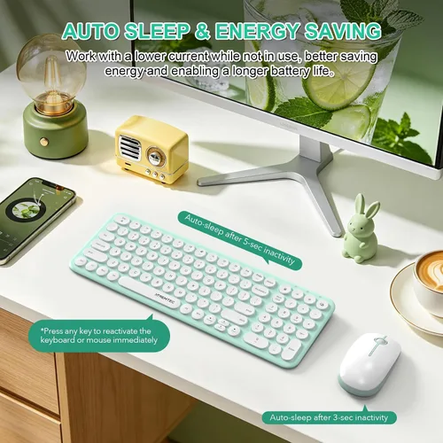 Vista 5 de Combo de teclado y mouse inalámbricos, 2.4 GHz, silencioso, delgado, lindo, redondo, tamaño compacto, color verde, Kawaii, juego de teclado retro