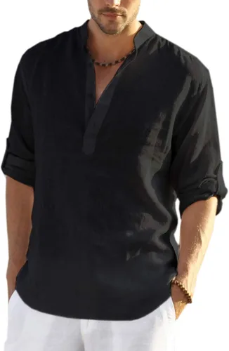 Vista 20 de COOFANDY Camiseta Henley de algodón y lino para hombre, de manga larga, estilo hippie, casual, playera
