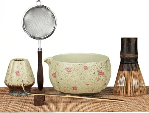 Vista 11 de Juego de batidor de matcha de 7 piezas con cuenco y batidor de 100 puntas Intricate Hand-Applied Decal, Bamboo Tea Mat Included, 100-Prong for