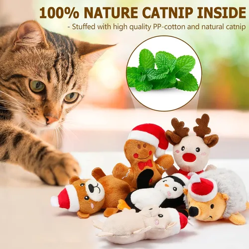 Vista 5 de Senneny Juego de 6 juguetes de Navidad con hierba gatera – reno, hombre de jengibre, oso, cerdito, erizo, pingüino, juguetes de animales de peluche
