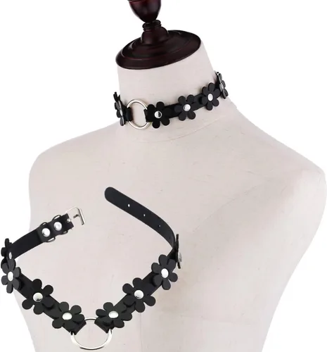 Vista 4 de Gargantilla gótica de PU para mujer, 2 piezas, anillo redondo, diseño de flores, collar de cuero para mujer