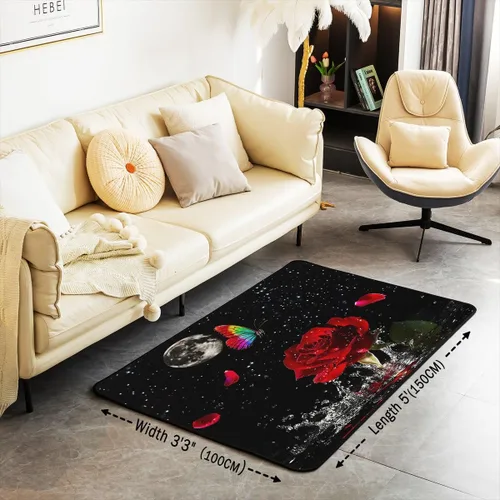 Vista 3 de Feelyou Alfombra de área con diseño de rosas de 3 x 5 para niños, con flores de Buterfly y luna, alfombra decorativa para dormitorio, niños, niñas