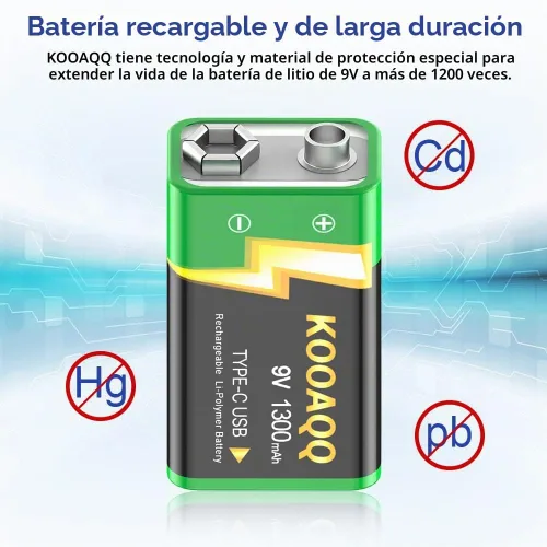 Vista 7 de Paquete de 1 baterías recargables de 9 V, recarga USB-C de 1300 mAh, 9 voltios de iones de litio de larga duración para alarmas, micrófonos