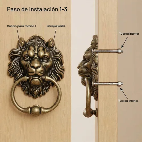 Vista 3 de QWORK Aldaba de puerta de bronce con cabeza de león antiguo, diseño clásico vintage