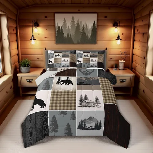 Vista 70 de Juego de ropa de cama Happy Camping de Homewish, tamaño individual, con diseño de osos cazadores y pinos, para niños, hombres, adultos, decoración