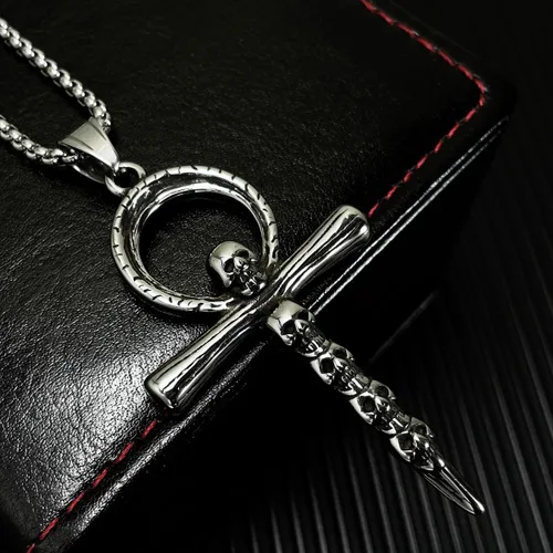 Vista 2 de Collar de cruz, Ankh, oración de serenidad, calavera, collar con colgante de cruz celta para hombres y mujeres, joyería cristiana, potente