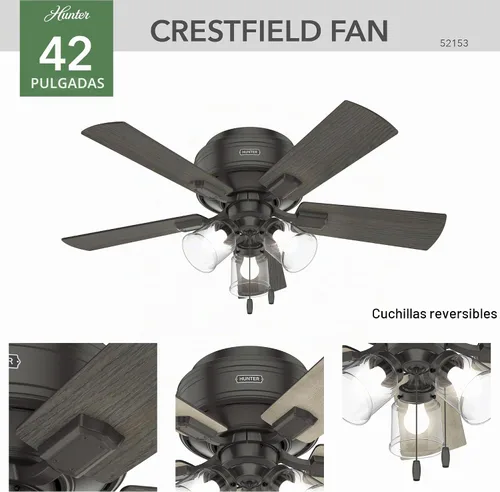 Vista 7 de Hunter Crestfield, ventilador de techo, para interiores, silencioso, 42 pulgadas, bronce noble