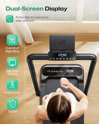 Vista 9 de UREVO Smart Treadmill with 9% Incline, 3-in-1 Foldable Treadmill with Handle for Home/Office Fitness, Runner-Focused Design, 6 HIIT Programs & Auto