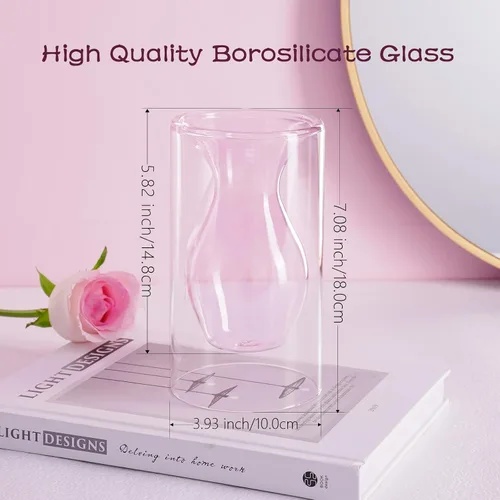 Vista 2 de ZENS Florero Pequeño de Flor Rosa Único, Florero de Vidrio Transparente Flotante Doble Hueco, Moderno Jarrón Decorativo Soplado a Mano Fresco
