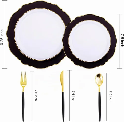 Vista 2 de WDF 30 Invitados - Platos de plástico negro y dorado, platos de Año Nuevo, cubiertos de plástico dorado con mango negro, vajilla desechable barroca