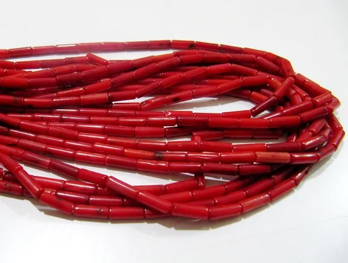 Vista 5 de Cuentas de coral rojo perforadas largas de calidad muy agradable, cuentas de coral rojo fuego en forma de tubo, tamaño 0.157 x 0.315 in disponible