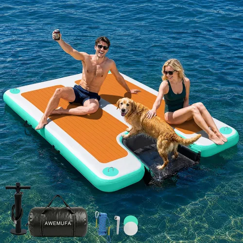 Vista 22 de AWEMUFA Muelle flotante inflable con rampa de 5 pies/6 pies/8 pies/10 pies, plataforma flotante flotante, tapete flotante de isla flotante, flotador