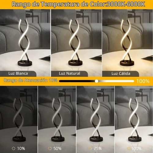 Vista 4 de Lámpara de mesa LED moderna, lámparas de mesa en espiral regulables para dormitorio, 3 colores con control táctil, lámpara de mesita de noche con 1